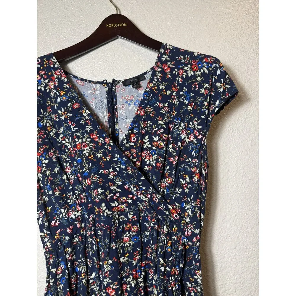 J.Crew Floral Faux Wrap Mini Dress Navy Blue V-Neck Ruffle Hem Size 12